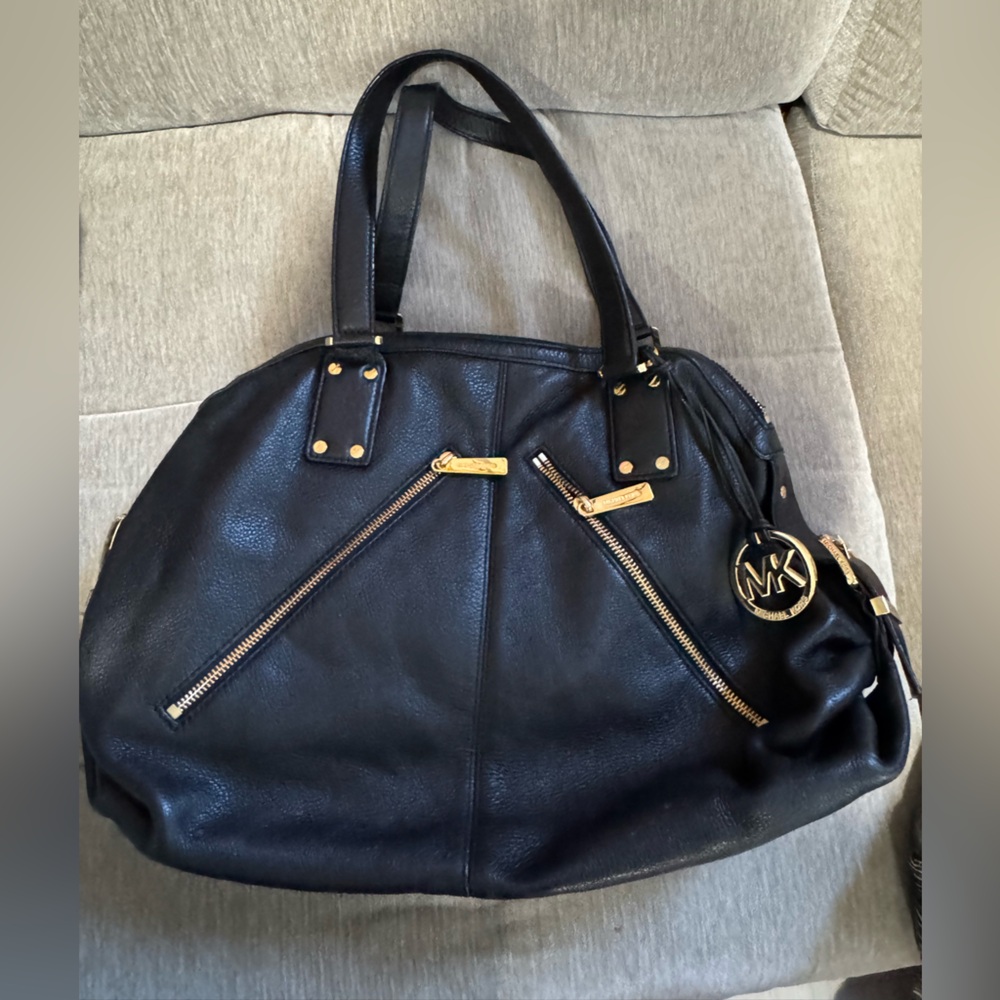 Michael Kors Black Leather Shoulder Bag with Gold Accents